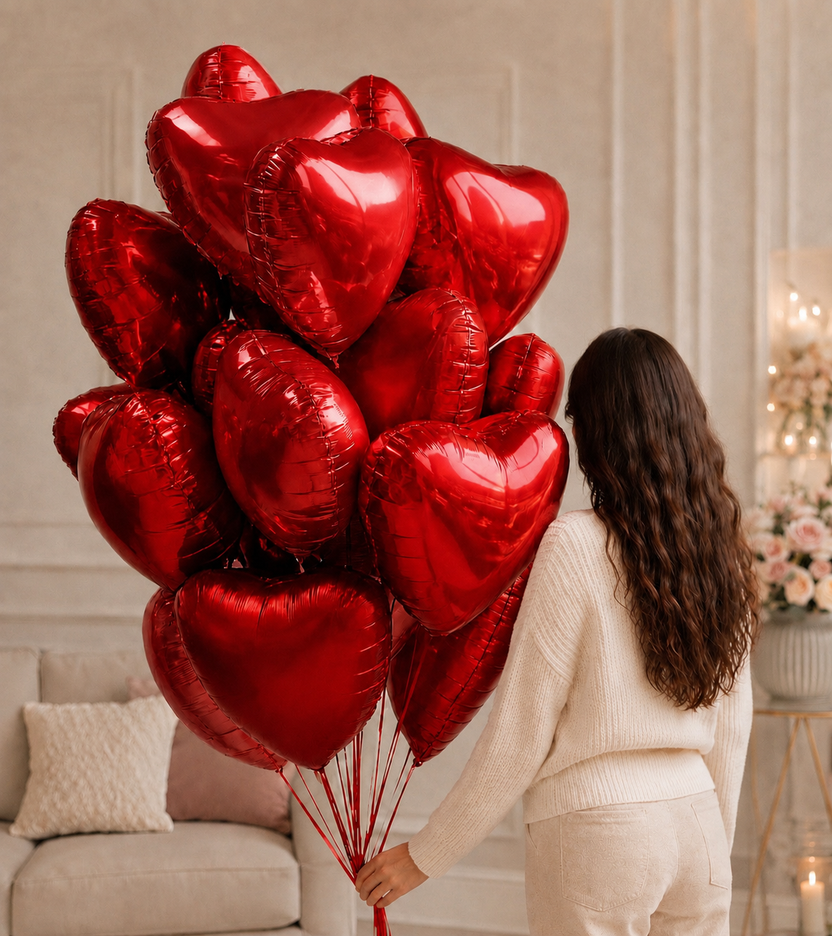 Red foil heart balloons for a romantic flower delivery - LaFia Flowers