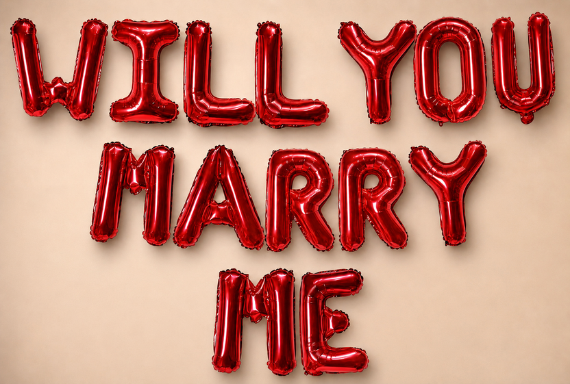 Marry Me foil balloon sign for a proposal setup - LaFia Flowers