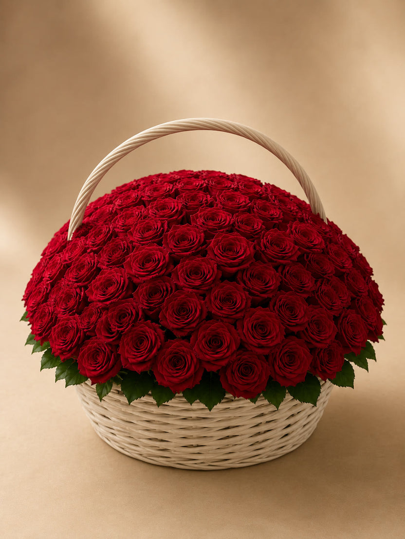 Rose Basket with 101 fresh roses, hand-arranged — LaFia Flowers Los Angeles