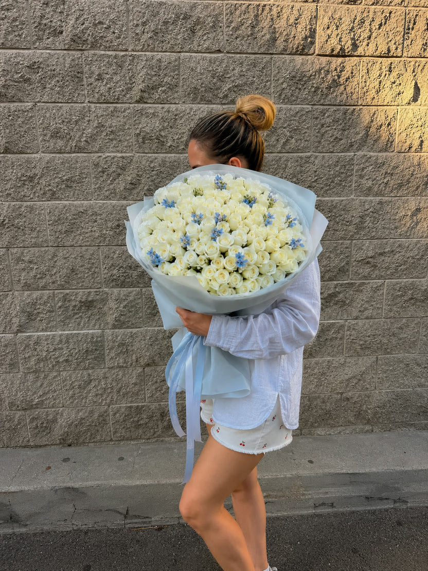 Hand-tied bouquet of 101 long stem roses in luxury wrap — LaFia Flowers Los Angeles