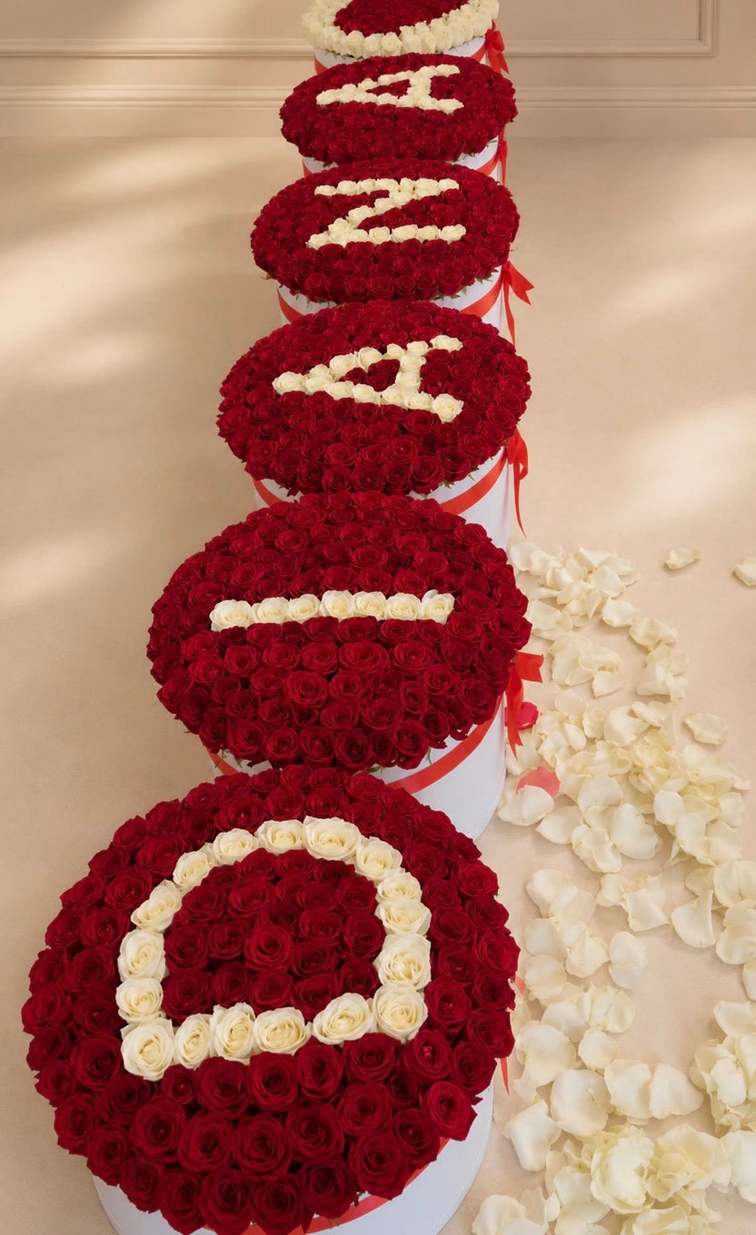 Custom name box — name spelled letter by letter in fresh roses — LaFia Flowers Los Angeles