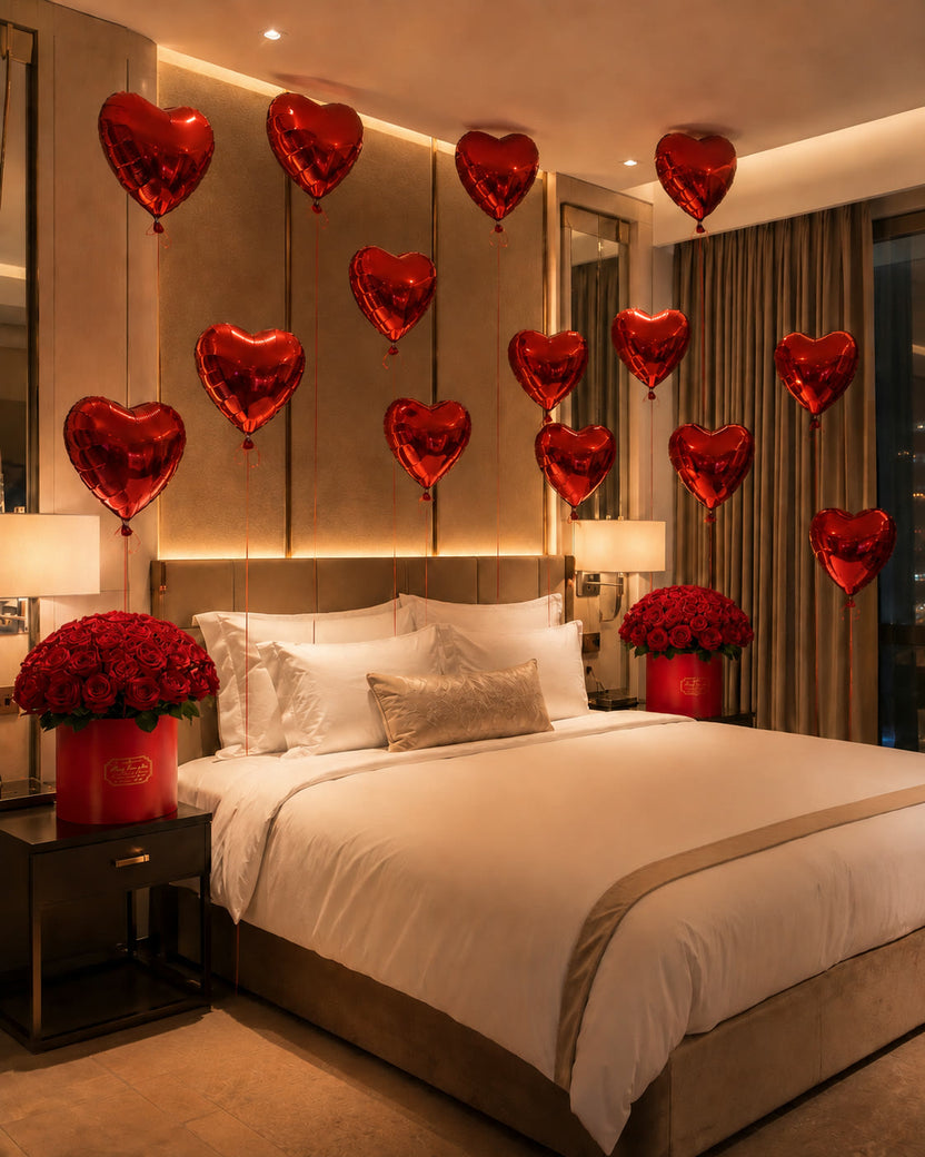 Luxury floral room decoration with roses and heart balloons - LaFia Flowers