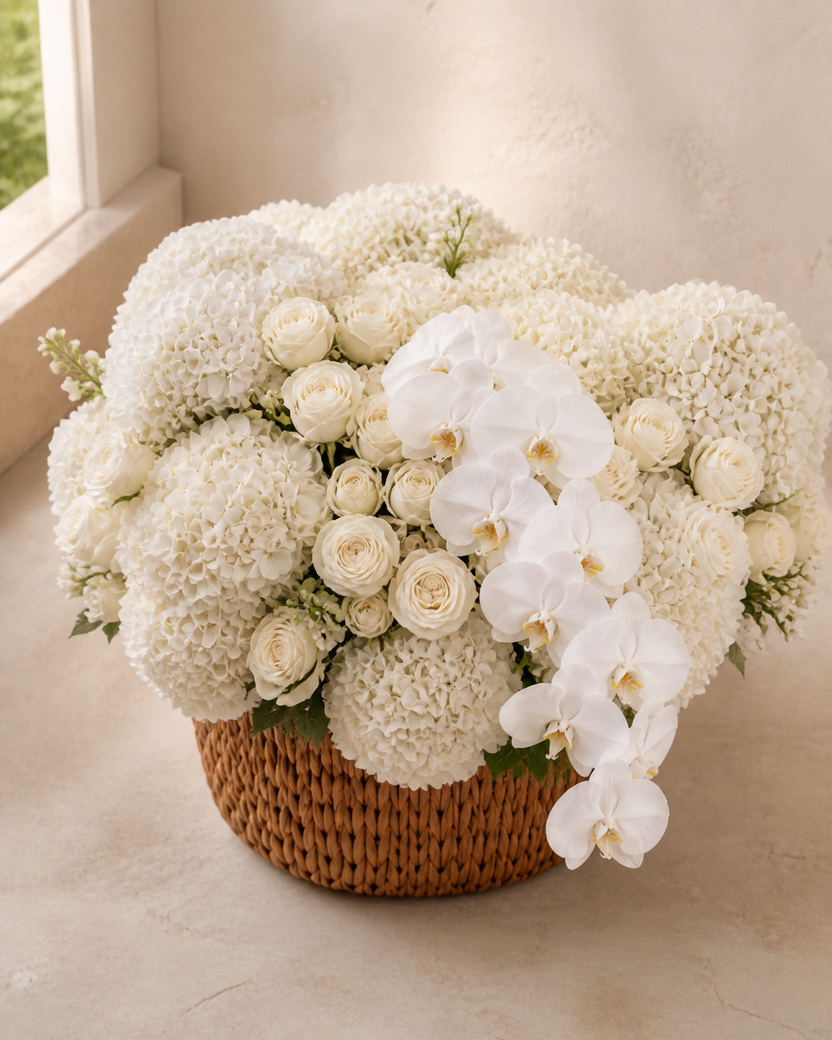 Close view of white orchids, hydrangeas and ivory roses in a woven garden basket