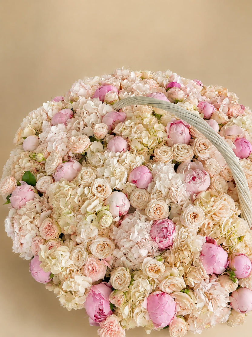 Peach Peony Cloud Basket with 101 hydrangeas and 25 peonies — LaFia Flowers Los Angeles