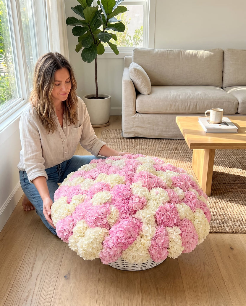 Pink and white hydrangea basket shown beside a person for scale - LaFia Flowers