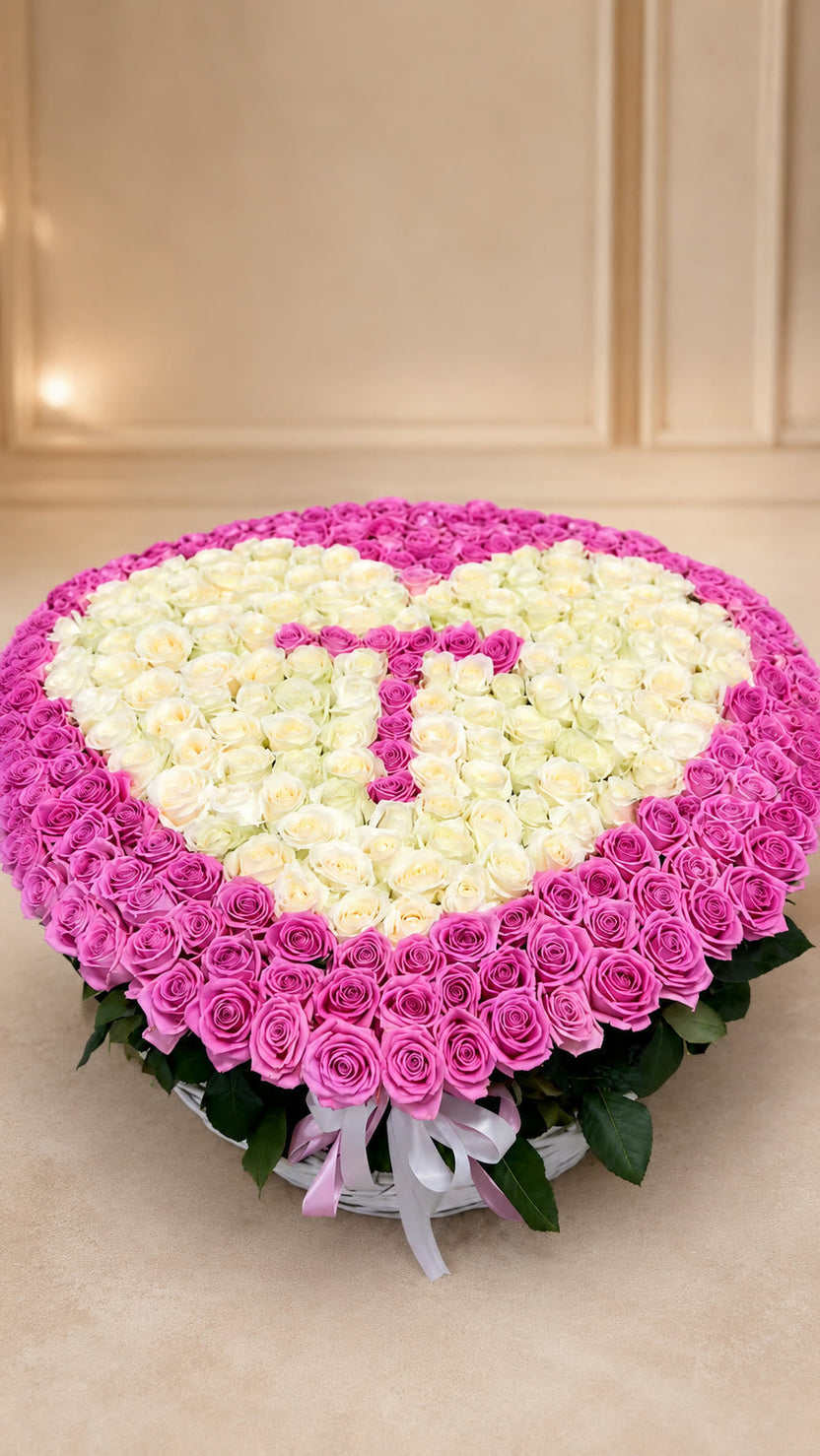 Rose initial inside a heart-shaped rose frame — 351 roses — LaFia Flowers Los Angeles