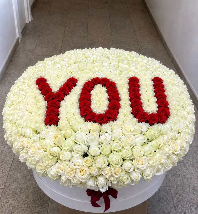 YOU spelled in fresh roses inside a custom word box - LaFia Flowers
