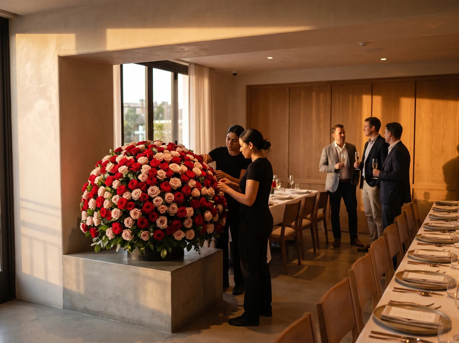 Concept for a monumental LaFia rose arrangement in a private hospitality setting