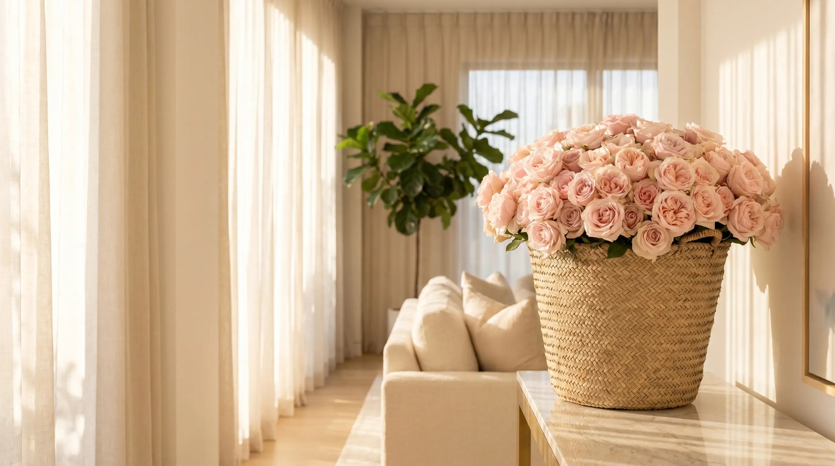 Grand basket of fresh pink roses by LaFia Flowers, Los Angeles