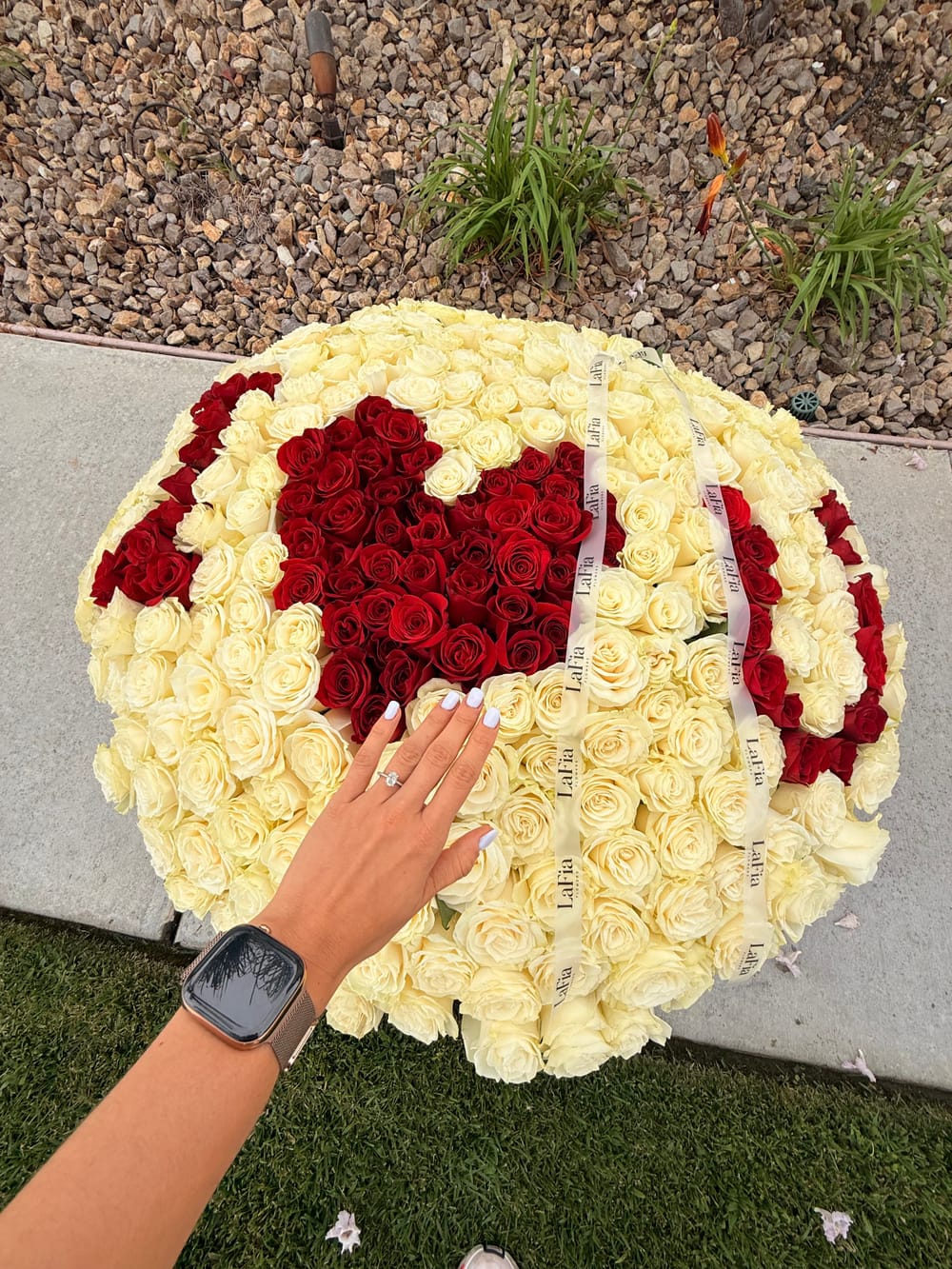 Top view of a real personalized LaFia floral arrangement